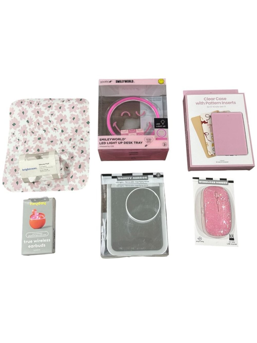 Set of 6pcs SmileyWorld LED Light Up Desk Tray, Pink Wireless Mouse, Earbuds, Mo